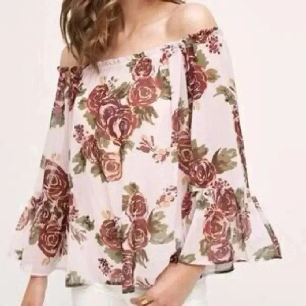 Anthropologie HD in Paris Size M Medium Rosarium Off The Shoulder Floral Blouse